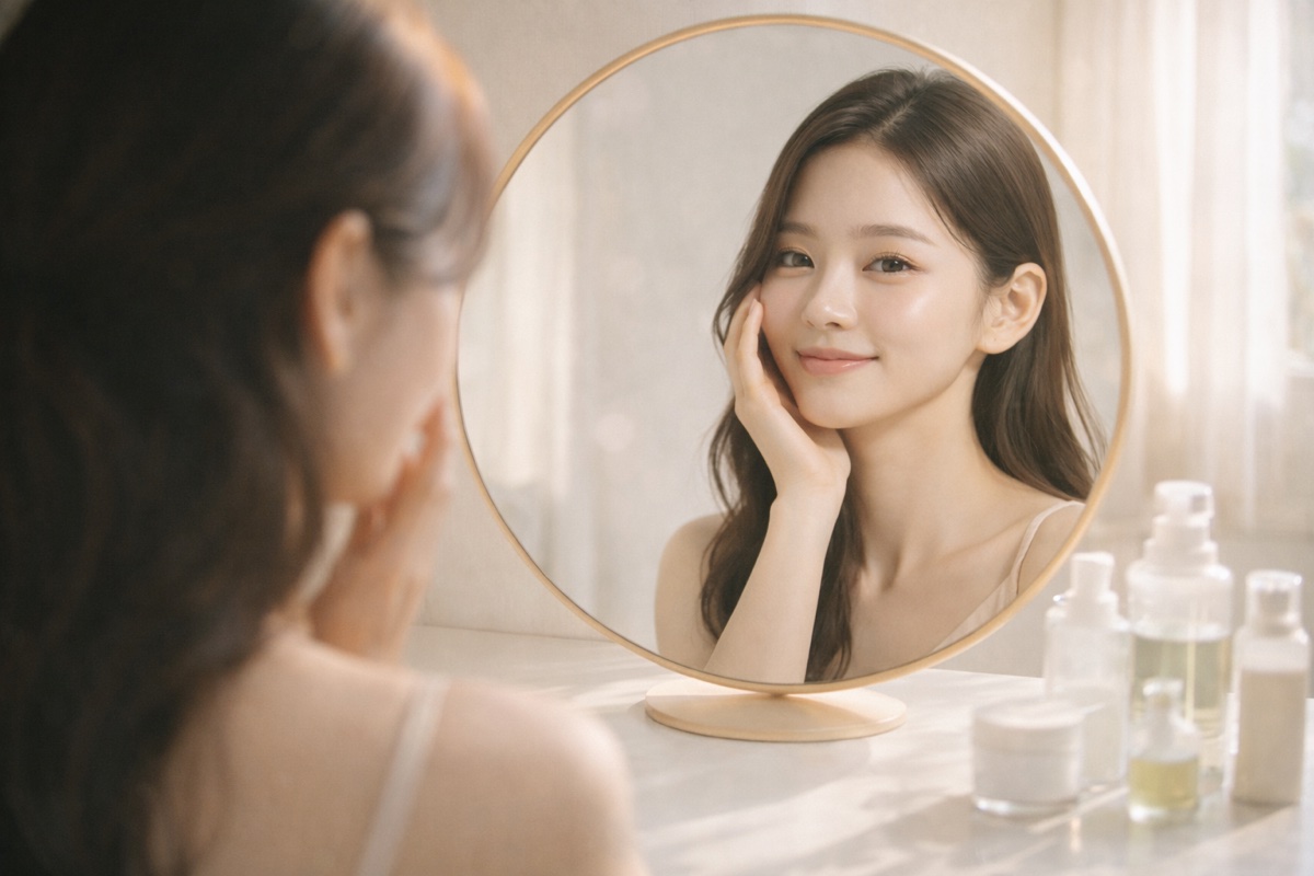 ハーブピーリング 回数 効果 鏡で肌を確認する女性