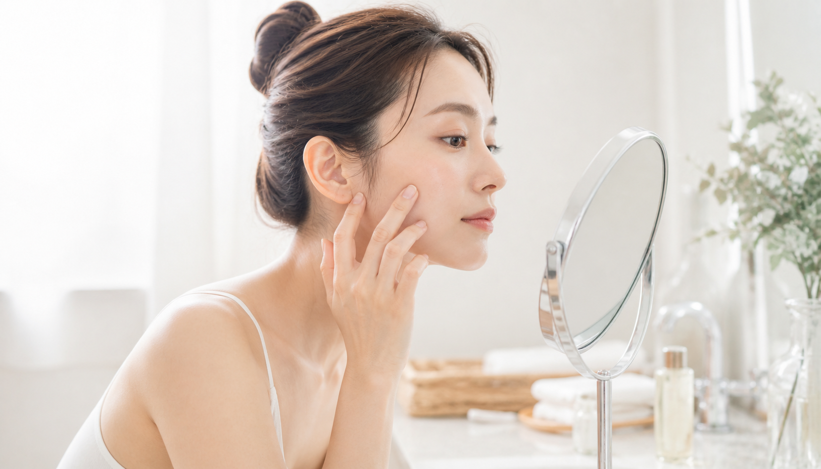 毛穴チェックする女性